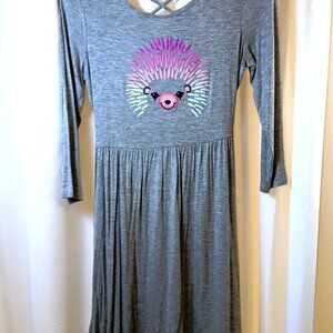 NWT Girls Justice 3/4 Sleeve Gray Dress w/Colorful Porcupine Size 14/16, 14/16+